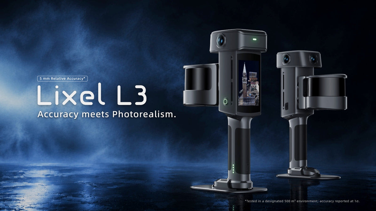 XGRIDS Lixel L3 Handscanner mit Display und LiDAR-Einheit, Schriftzug „Accuracy meets Photorealism“